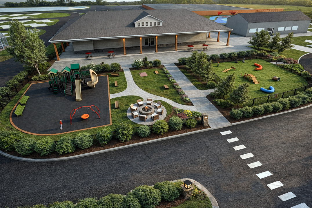 Aerial view of the clubhouse and grounds